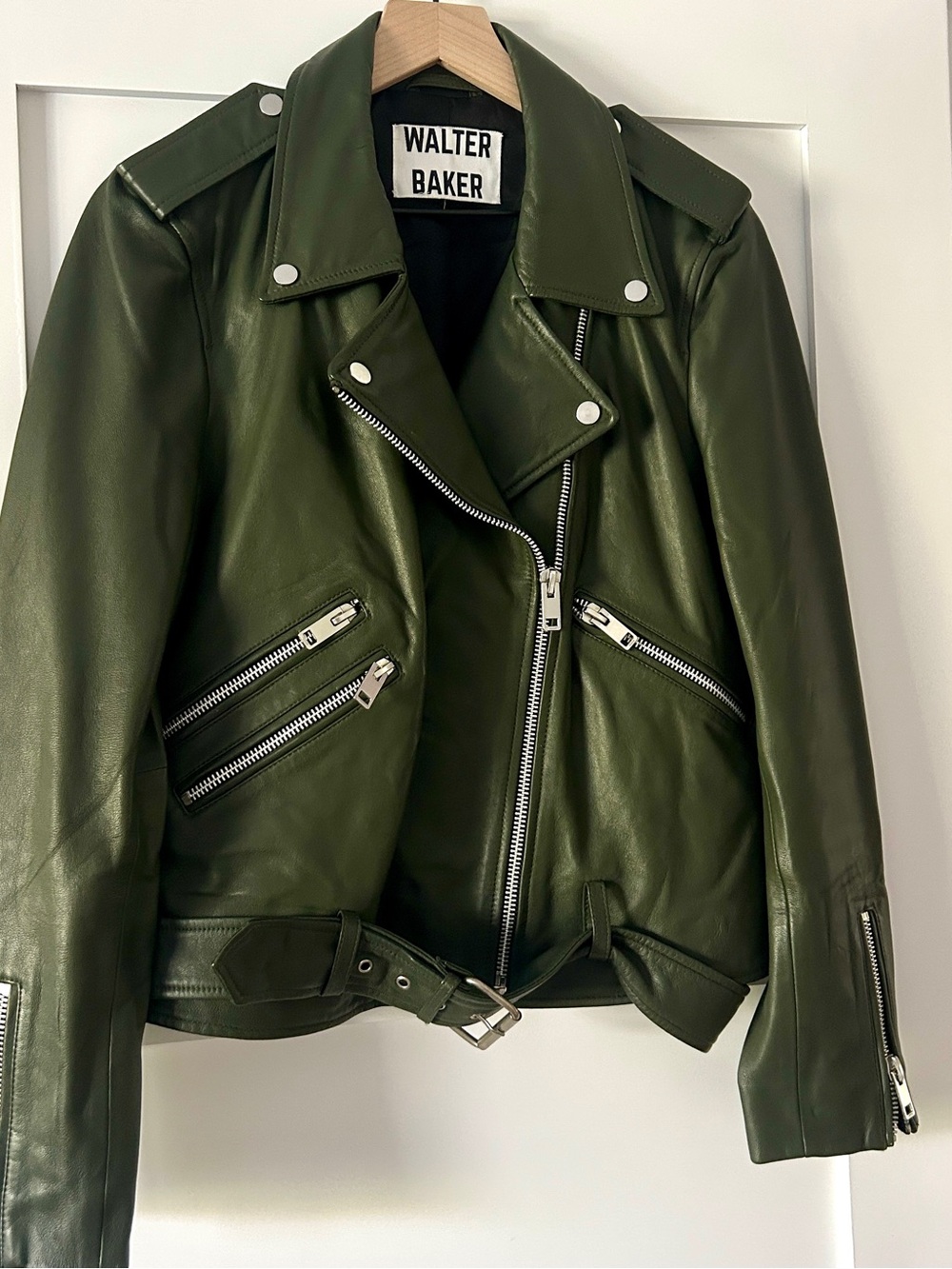Walter Baker Dark Olive Leather Moto Jacket with Silver Hardware